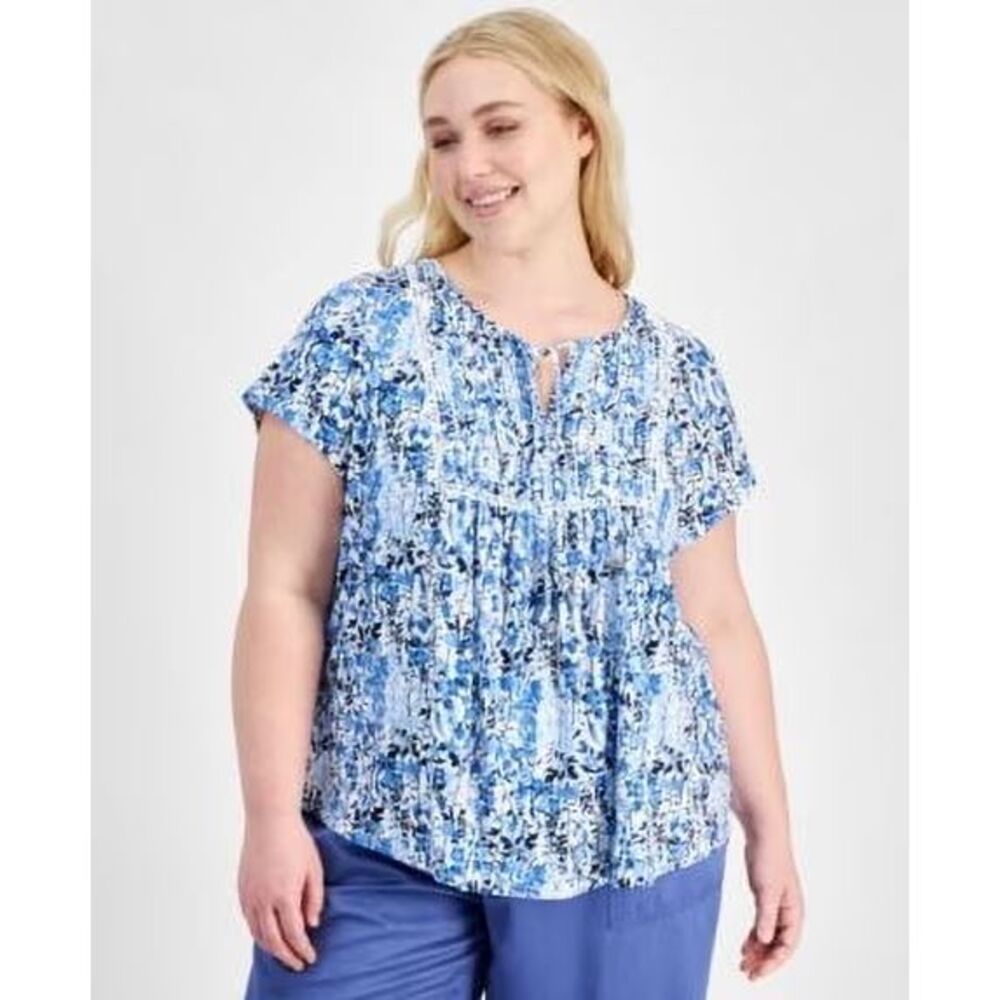 Tommy Hilfiger Women's Floral-Print Pleated Round Neck Blouse Top Blue White 2X